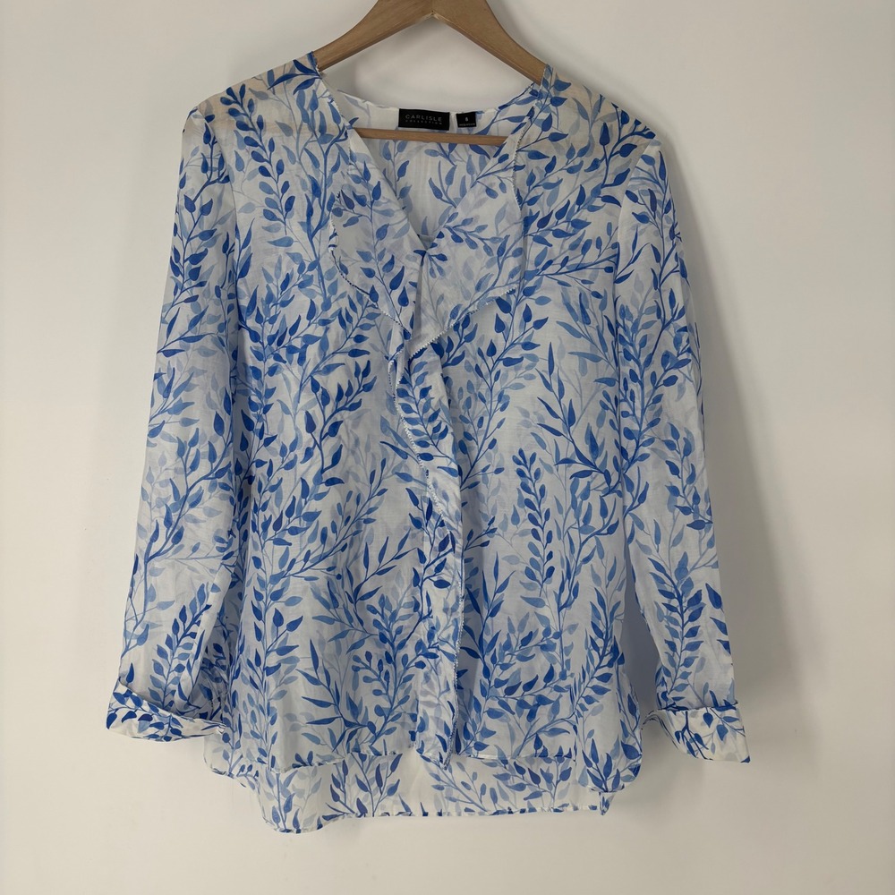 Carlisle Collection Blue Silk Cotton Leaf Print Ruffle Top 8 Coastal Resort